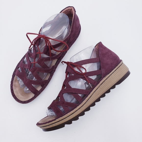 Naot Shoes - Naot Yarrow Leather Lace Up Strappy Comfort Wedge Sandal Burgundy Womens Size 9